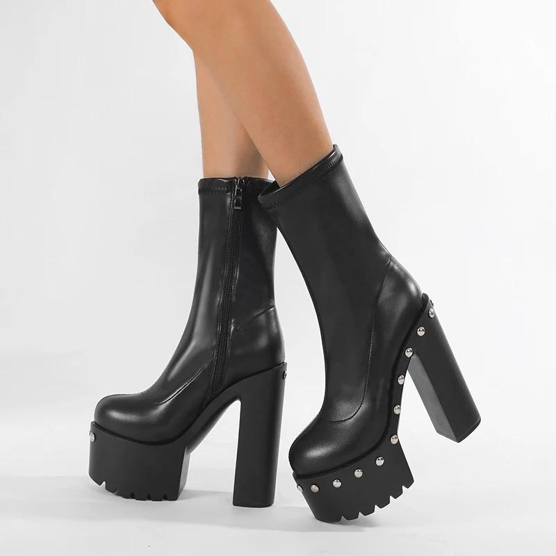 Fashion 14cm Heeled Platform Ankle Boots Woman Round Toe Autumn Shoes Punk Chunky Motorcycle Boots Big Size 43 Ladies High Heels