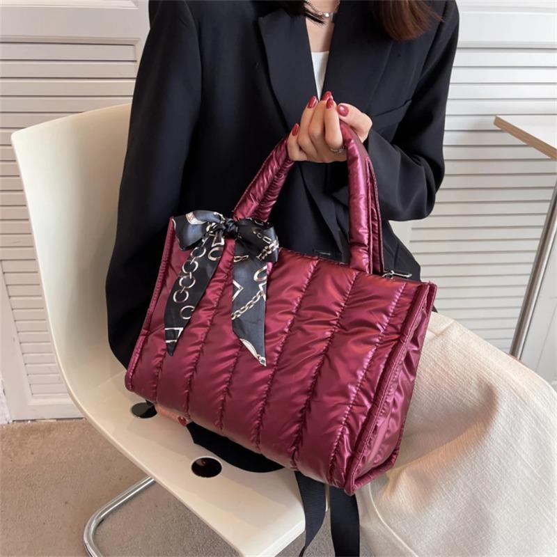 Elegant Women's Totes Bags with Silk Scarf Accent Winter Quilted Crossbody Bags for Women Casual Solid Color Padded Shoulder Bag