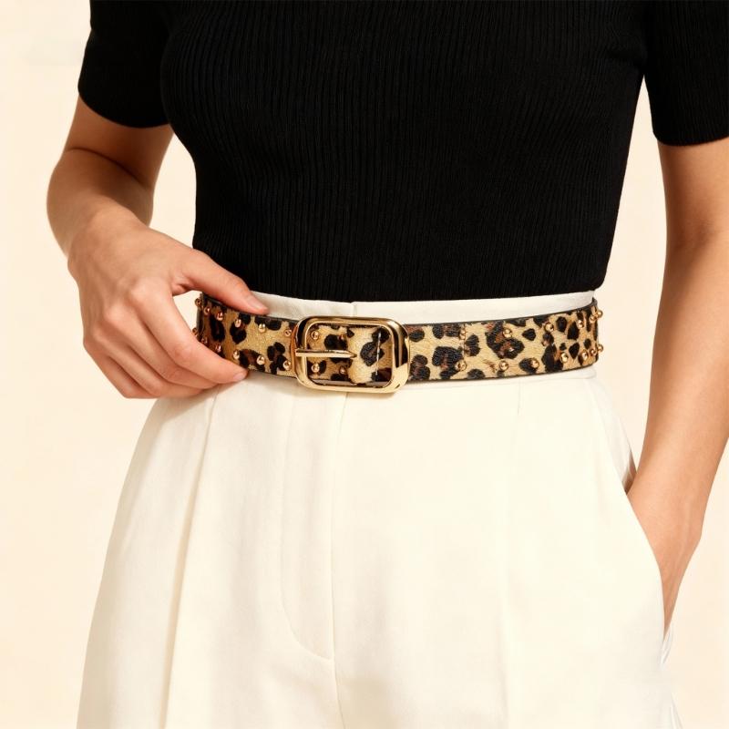 Leopard Print Waist Belt with Horsehair Patchworked Rivets Studded Design for Women Fashion Enthusiasts Music Festival