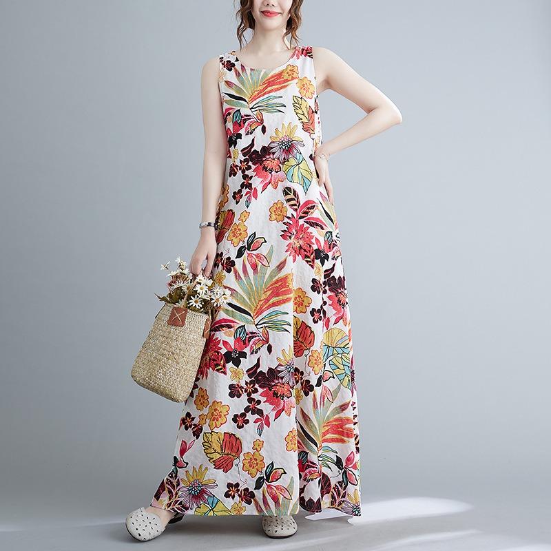 Summer Fashion Dress Women Loose Print Sleeveless Cotton Linen Dress Women's Vest Camisole Dresses