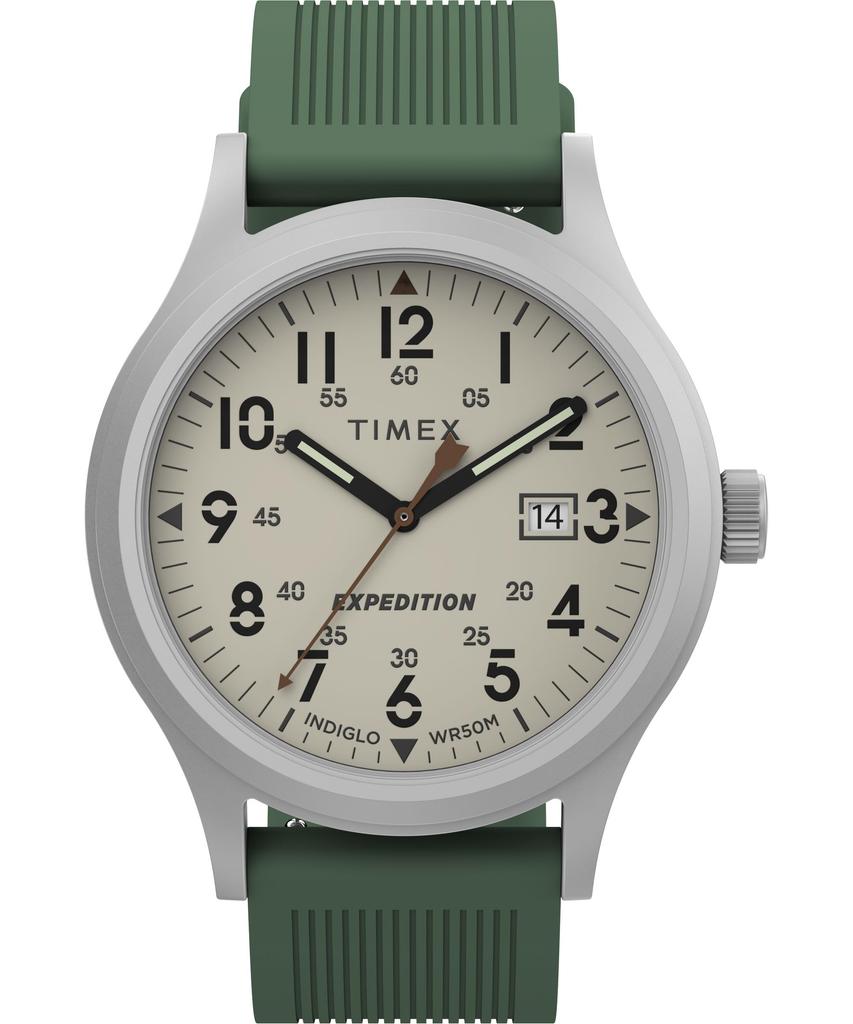 Timex Men's Expedition Scout 40mm Watch - Black case and dial with olive leather slip-through strap, Green/Natural/IP Steel. , field.