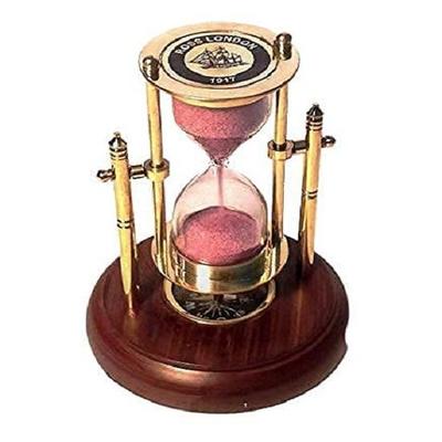 Temporizador de arena de latón con brújula sobre base de madera, reloj de arena, decoración de temática náutica, altura 12,7 cm, 1 minuto