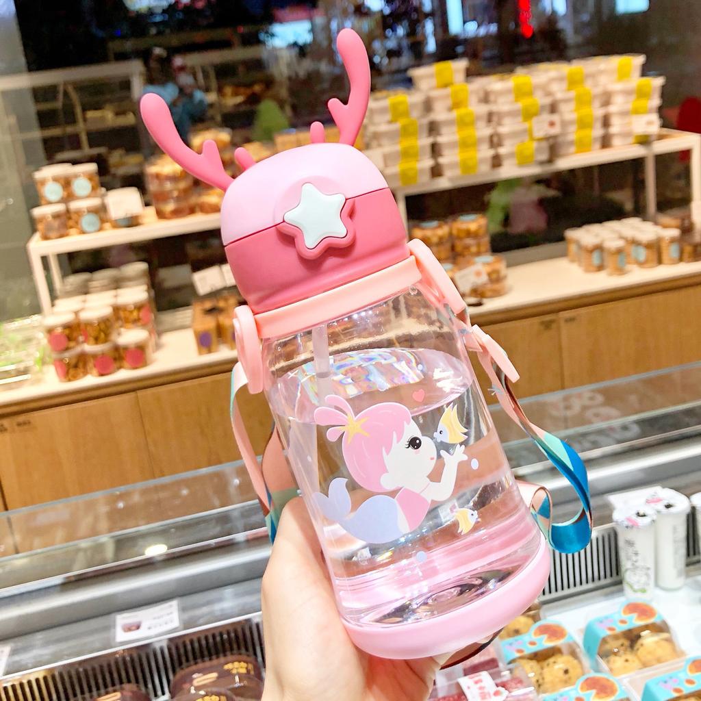 Large Capacity Kids Water Bottle for School Children Cartoon Backpack Strap Straw Cup 500ml KTY