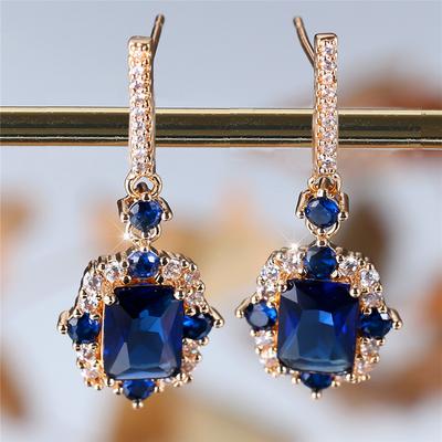 Gold Color Square Blue Cubic Zircon Dangle Earrings Luxury Women Earrings Wedding Party Aesthetic Ear Jewelry