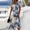 Rochie Midi Florală Elegantă de Vară pentru Femei Decolteu în V Mânecă Scurtă Rochie Wrap Talie Fronsată Tiv Despicat Imprimeu Floral Albastru Auriu Rochie de Soare Casual pentru Vacanță la Plajă