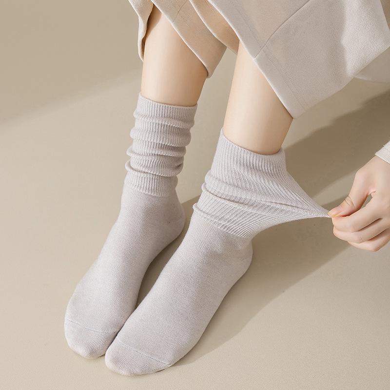Women's Retro Mid-Calf Wool Socks - Japanese Style, Solid Color, Loose Fit
