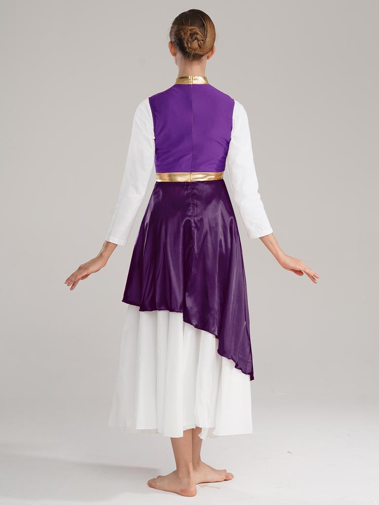 Damska sukienka do tańca lirycznego w bloki kolorów Niewidoczny zamek błyskawiczny z tyłu Zwiewny asymetryczny dół Bezrękawnik