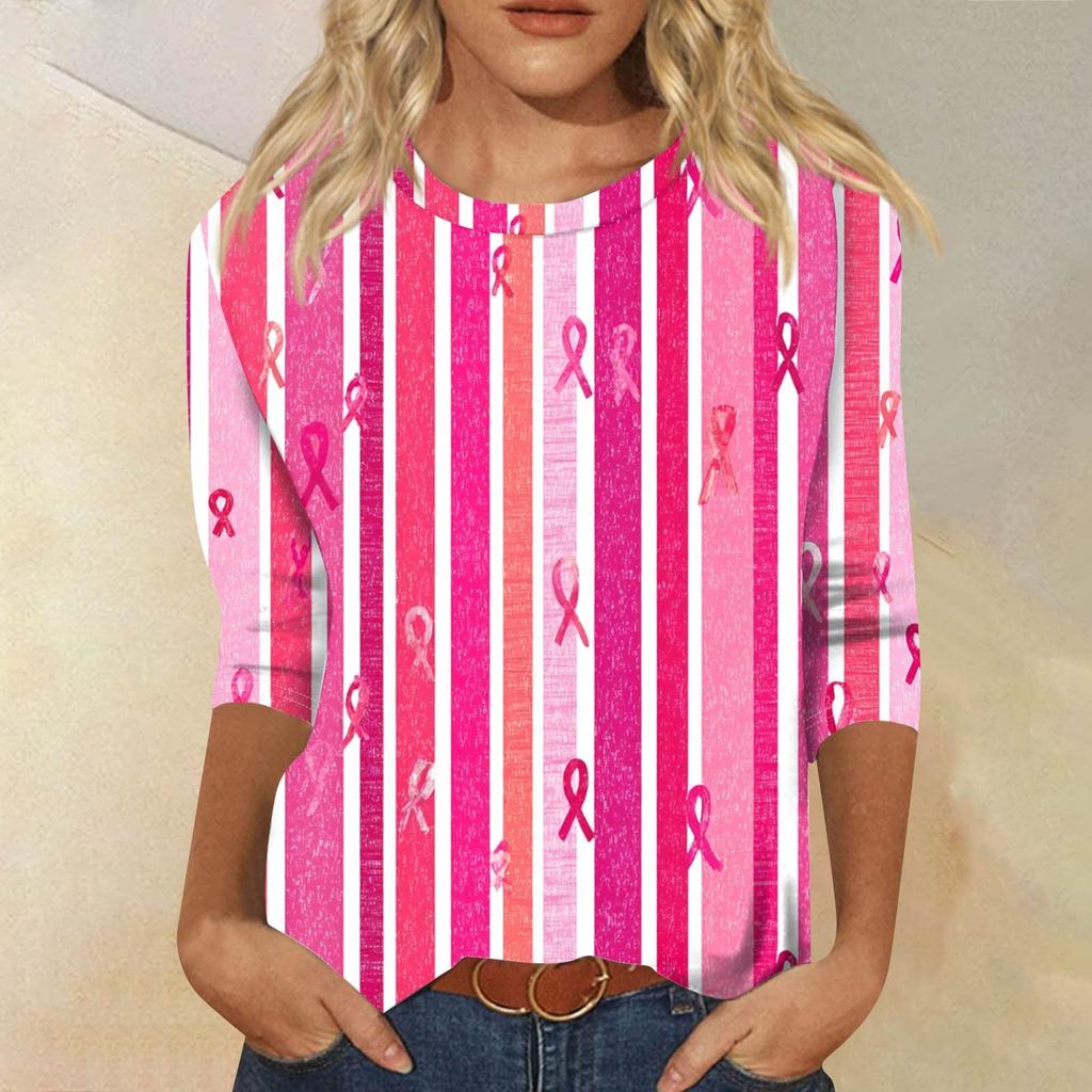 Damenmode Lässig Sieben-Ärmel mit Schlitz Bedruckt Locker Rundhals Oberteil