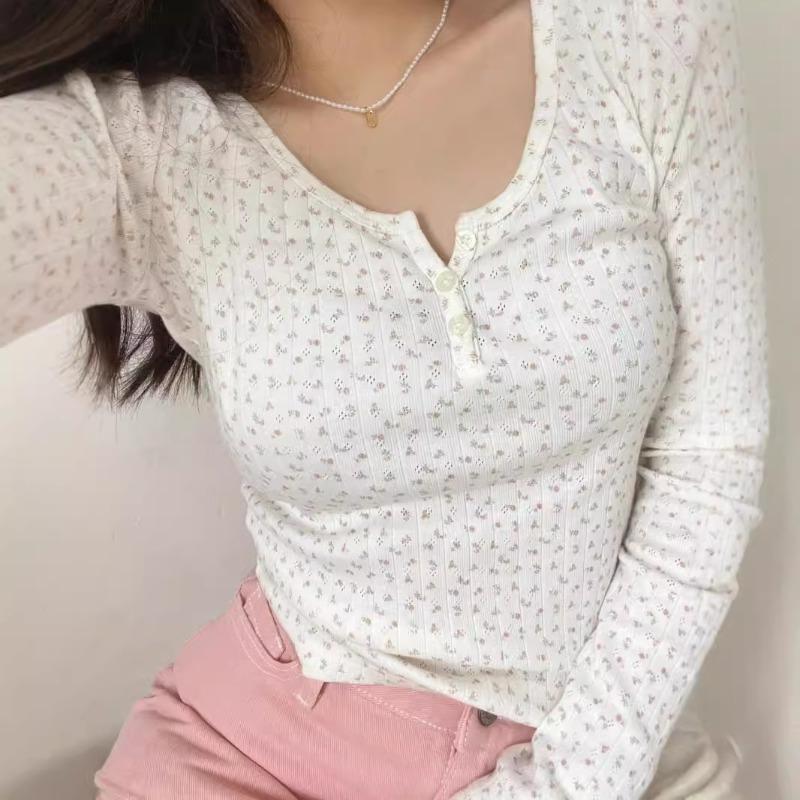 Pure desire wind collar small floral button-up shoulder long-sleeved shirt women's top autumn slim-fitting and thin age-reducing bm bottoming shirt