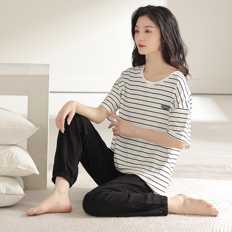 2024 Women's Summer Pajama Set: Pure Cotton, Short Sleeve, Long Pants - Lightweight and Casual for Indoors or Outdoors