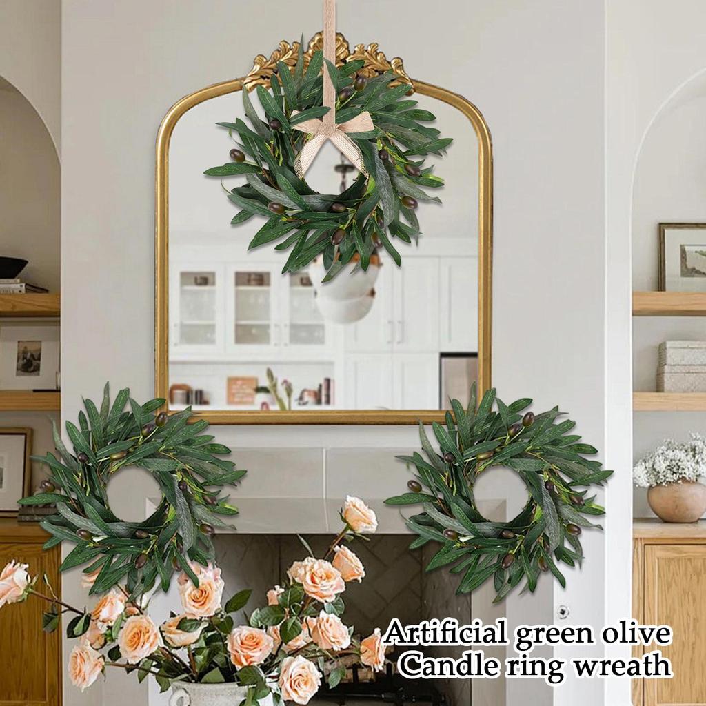 Set med 6 konstgjorda gröna olivljusringkransar