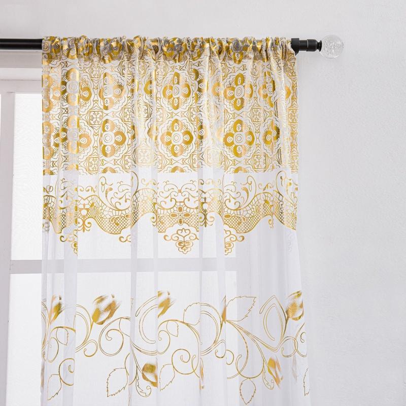 2pcs/set Tulip Gold Foil Sheer Curtains – Floral Semi-Blackout Window Curtains, Rod Pocket Home Decor