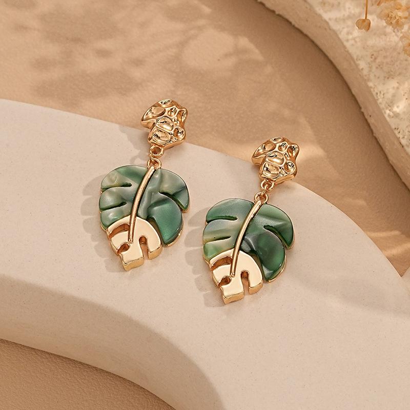 Multi- Acrylic Leaf Earrings for Women Gold Plated Zircon Dangle Earrings Stainless Steel Jewelry Birthday Gifts
