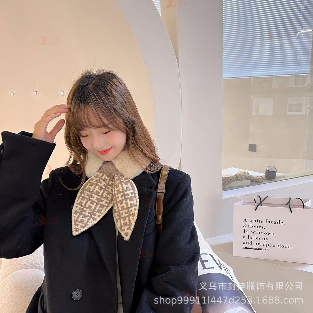 Women Plush Scarf Winter Windproof Warm Simple Plaid Cross Neckerchief For Winter Coat Dress
