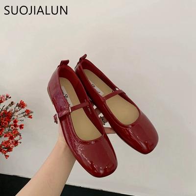 Fashion SUOJIALUN 2024 Spring New Women Flat Shoes Fashion Red Ladies Casual Dress Mary Jane Shoes Soft Sole Round Toe Outdoor Ballerina