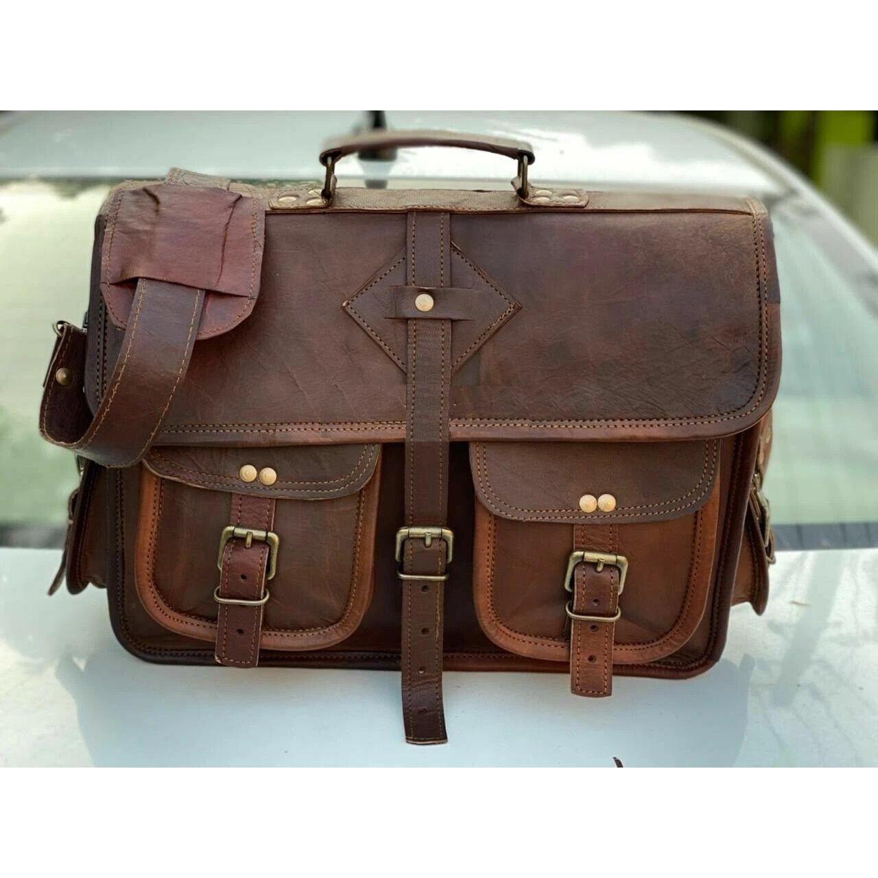 

Винтажный портфель Коричневатый Новый Сумка Кожа Мужской На плечо Мессенджер Ноутбук 18 x 14 x 6 in