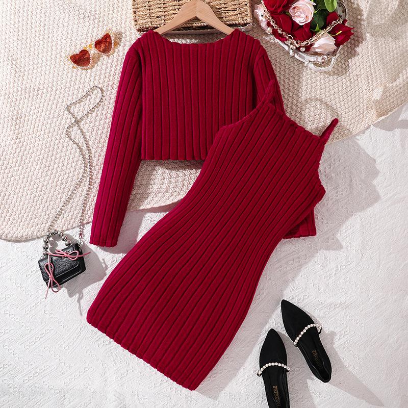 Big Girl Autumn Winter New Knitted Long Sleeve Beaded Blouse Strap Dress Set