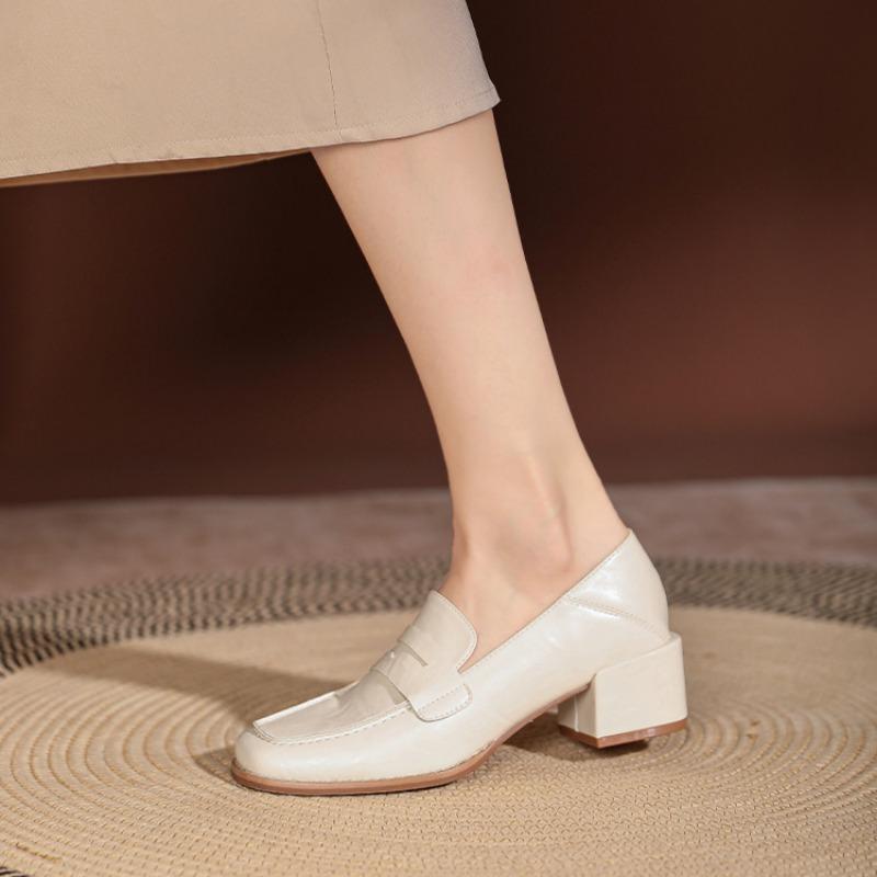 Retro Loafers Myke Skinn Hæler Toveissko Collegestil Små Skinnsko Slip-on Sko for Kvinner Tykke Hæler Høye Hæler