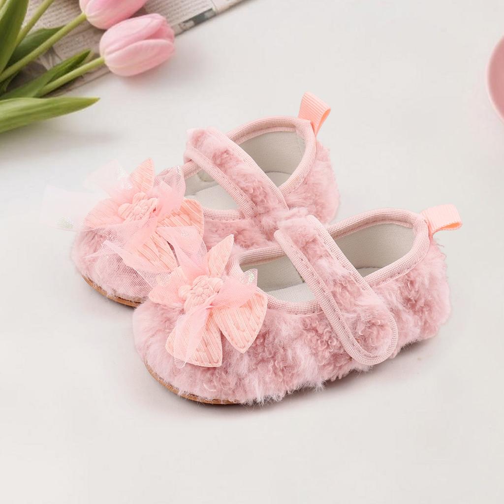 Citgeett Spring Infant Baby Girl Fuzzy Walking Shoes Bows Adjustable Straps Soft Comfortable Non-Slip Shoes