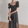 2025 Summer Black Floral Square Neck Slit Dress