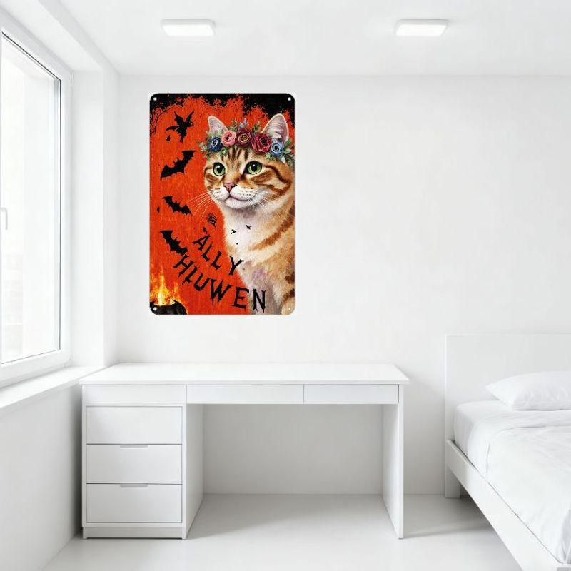 Halloween Tabby Cat with Floral Crown Metal Tin Sign, Spooky Bats & Jack-o'-Lantern Wall Decor for Home Cafe Bar Party Decoratio