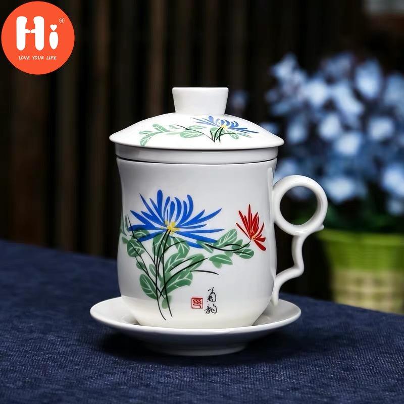 Hi Blue and White Porcelain Office Teacups with Lid Filter Creative Ceramic Hand-Painted Water Cups Household Drinkware Gifts