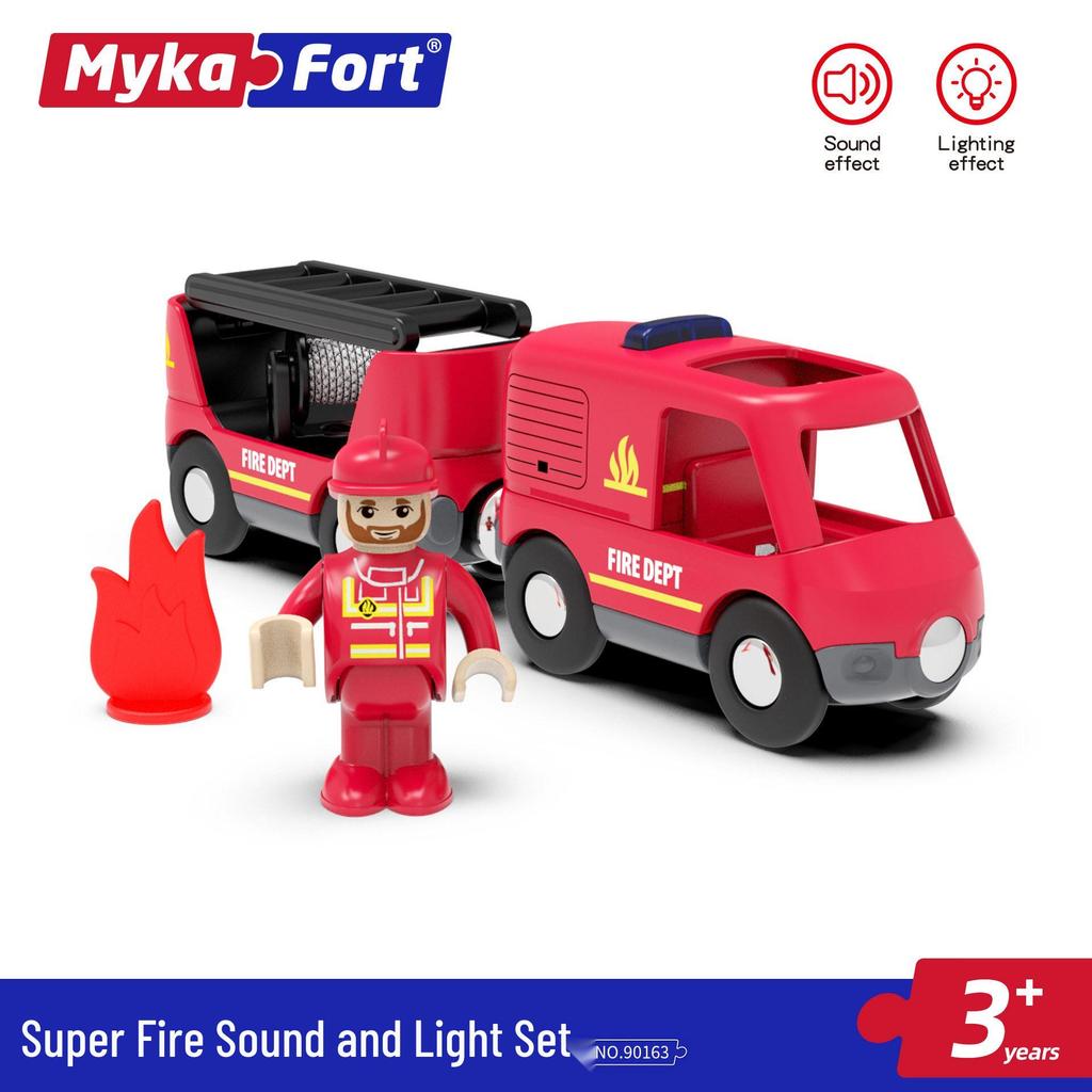 Mykafu Sound & Light Firefighting Toy with Wooden Track Scene for Kids