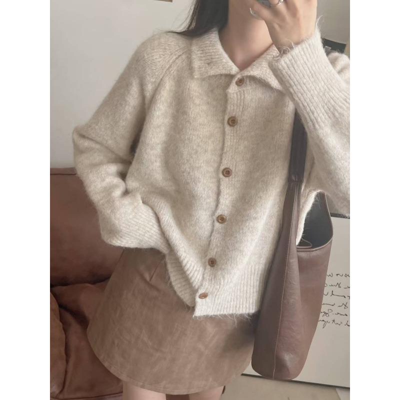 Lazy Single-breasted Solid-color Knitted Sweater Women's Cardigan Autumn and Winter Wear Loose and Thin Top Jacket