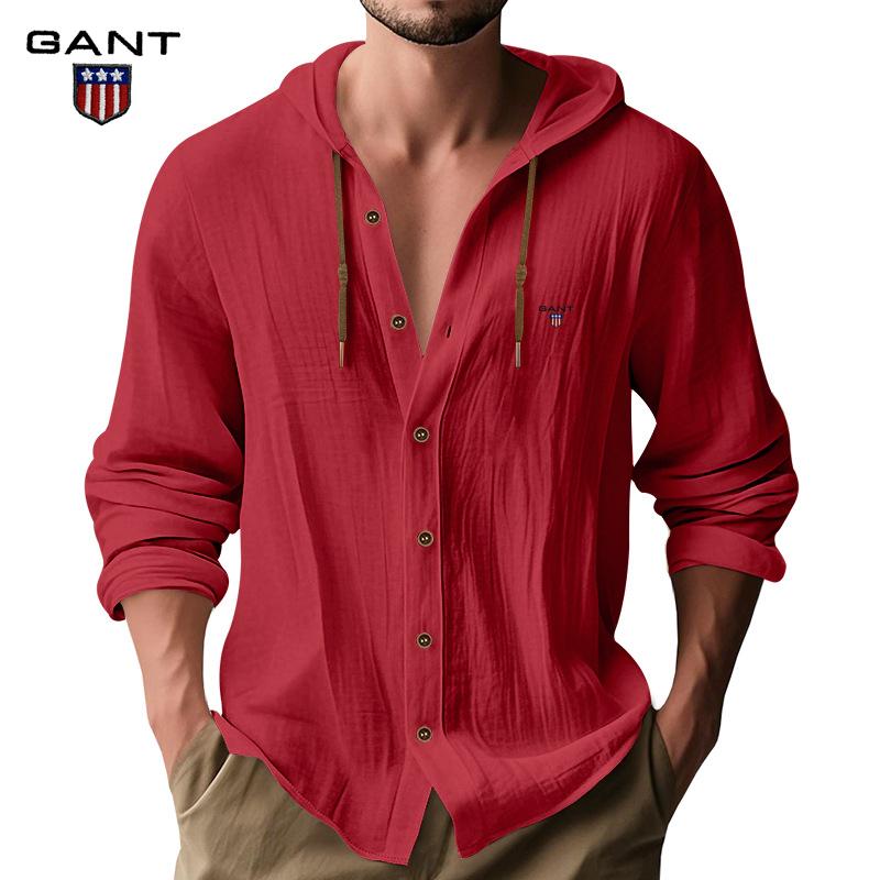 Gant Embroidery Men's Solid Color Casual Long Sleeved Shirt Hooded Drawstring Cotton and Linen Cardigan Trendy Versatile Loose Beach T-shirt