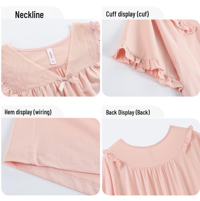 Women's Summer Court Style Lace Pajama Dress, Pure Cotton, Short Sleeve, Plus Size, Mid-Length, Wearable Outdoors, High-End Feel
