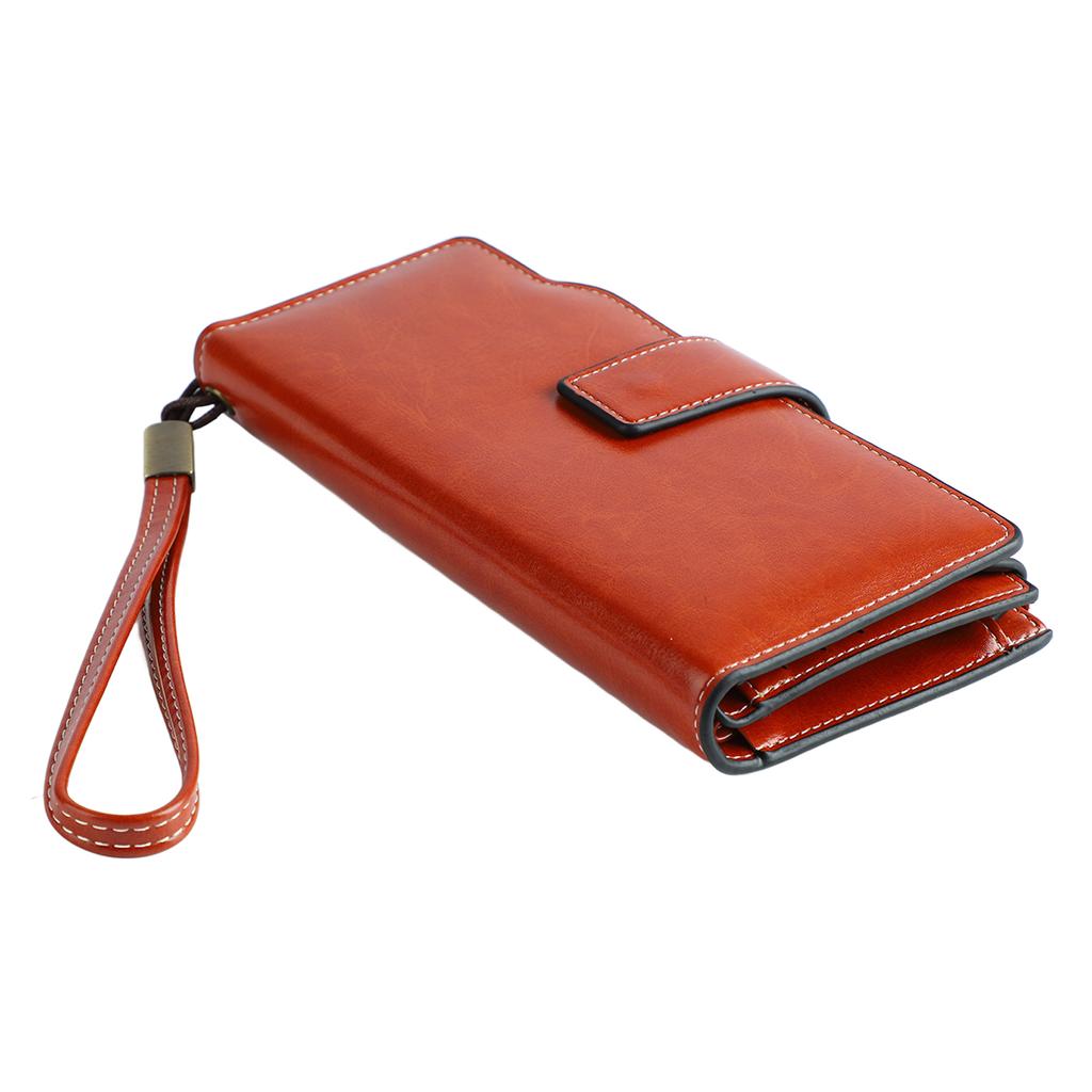 Gewachstes Kartenetui Große Kapazität Langer Typ Mehrschichtiges Kartenetui mit Blocker für Damen Lady Outdoor Vintage Braun Lang