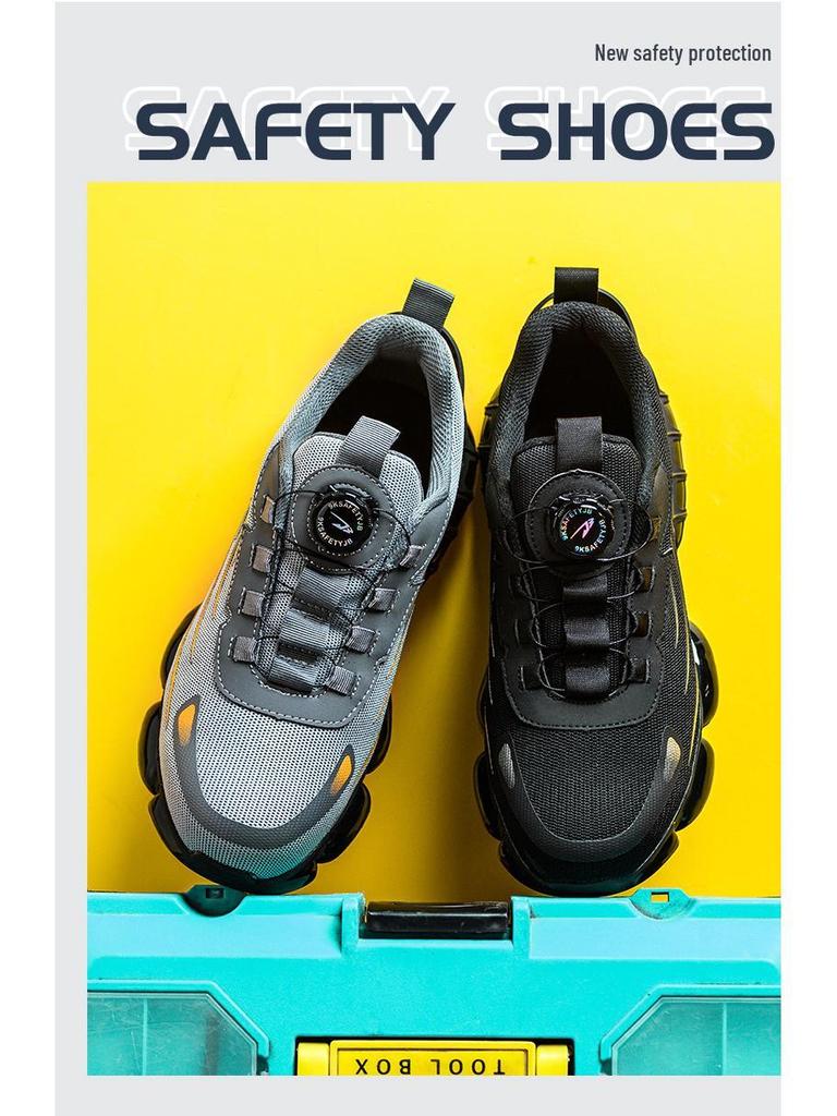 Men's Fly-Knit Safety Shoes: Anti-Smash, Anti-Puncture, Breathable, Lightweight, Comfortable, Wear-Resistant with Soft Sole and Button Closure.