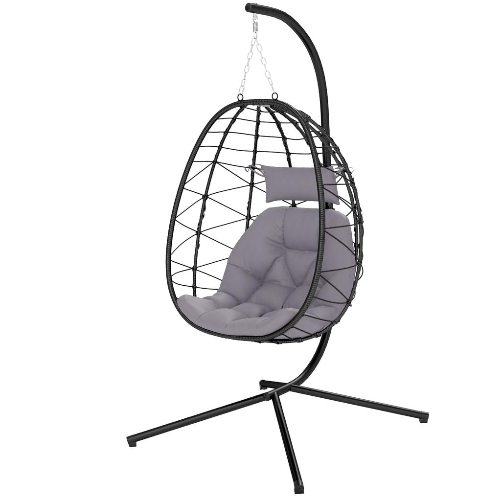 Hanging Egg Chair Outdoor Indoor Garden Swing Chair with Folding Basket, Thickened Cushion, Garden Hanging Chair with Stand, Headrest for Patio