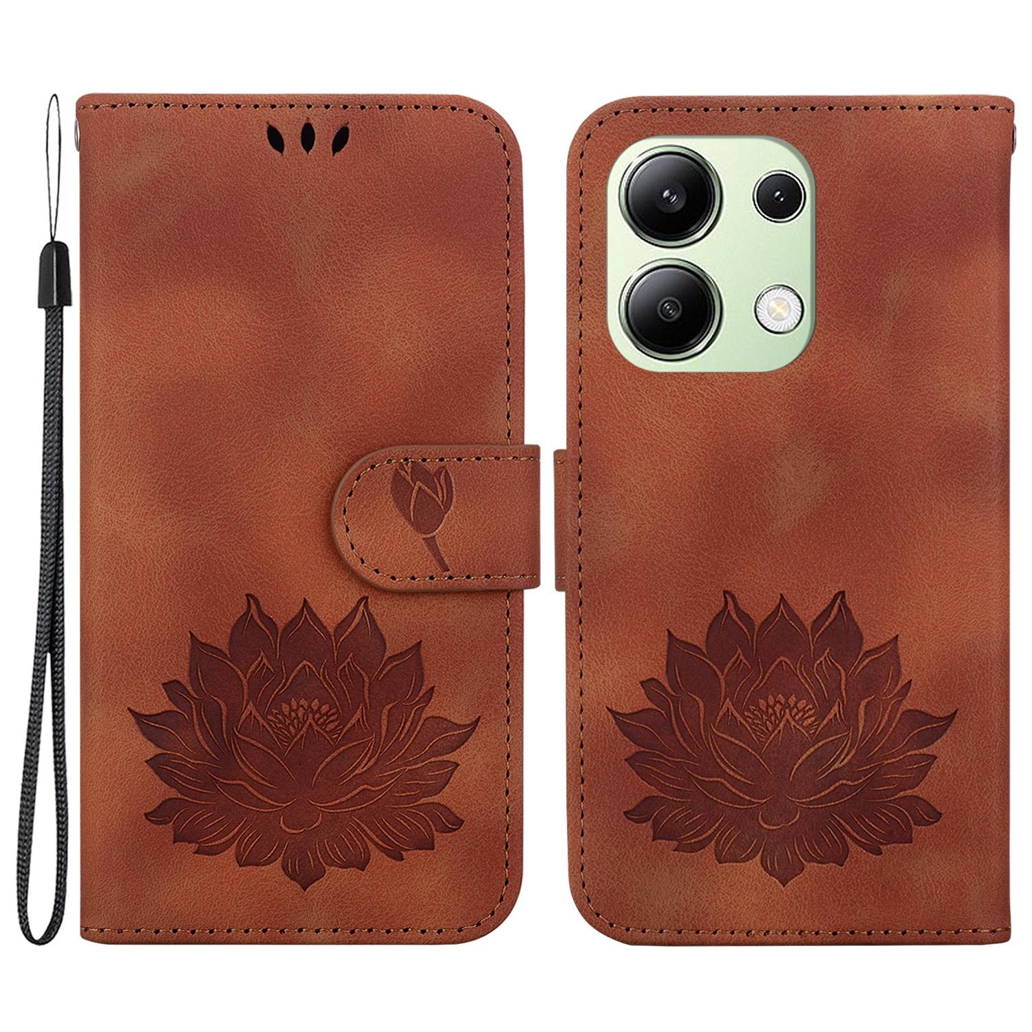 

For Xiaomi Redmi Note 13 4G Wallet Case Lotus Pattern Leather Protective Phone Cover Brown