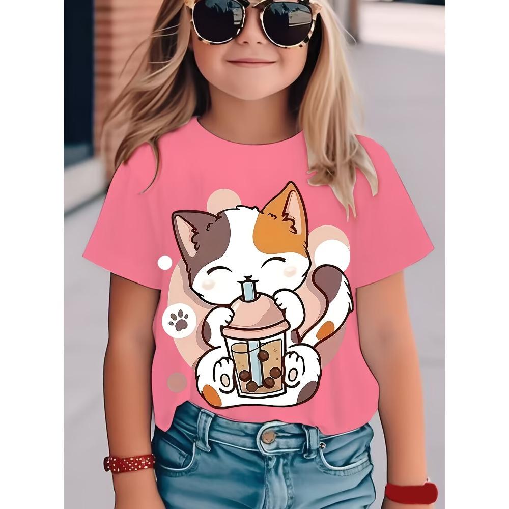 New Summer Girls Clothes Cartoon Cute Cat Graphic T Shirt Short Sleeve Tops for Girls 4 To 6 Years Casual Children's Clothing