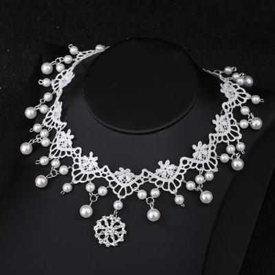 Women Faux Pearl Cubic Zirconia Inlaid Pendant Lace Choker Necklace Headwear