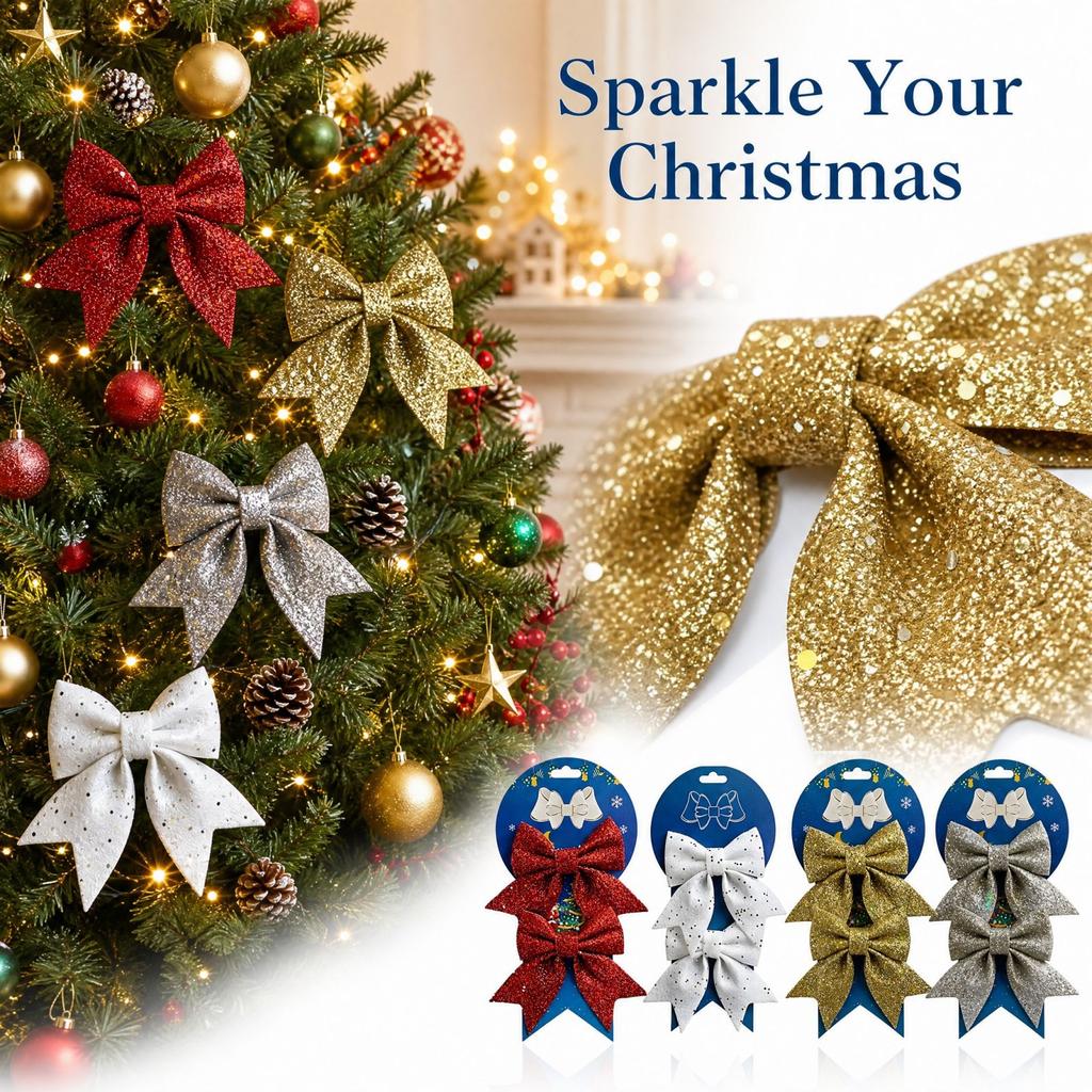 Sparkling Gold Ribbon Christmas Tree Hanging Ornament for Holiday Window Display and Scene Decor