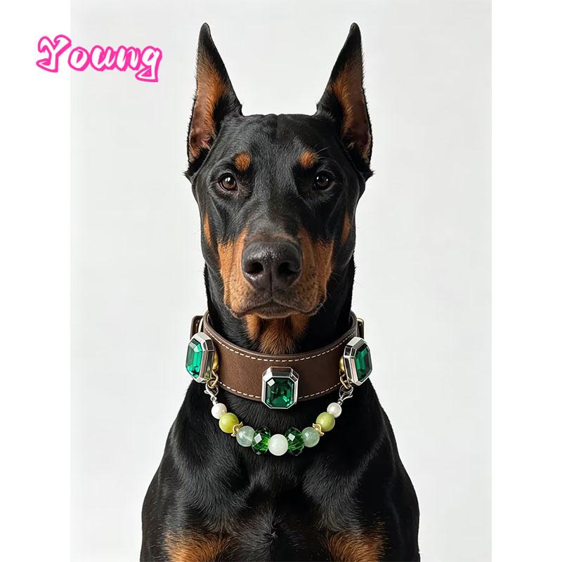 Leather Dog Collar with Detachable Natural Gemstone Charm – Green Fluorite Xiu Jade & Pearl Beaded Pet Necklace Padded Collar