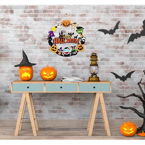 Halloween Decorations Wooden Pumpkin Ghost Door Wreath for Front Door Sign, Cute Happy Halloween Door Hanging Sign Outdoor Indoor Wall Home Decor