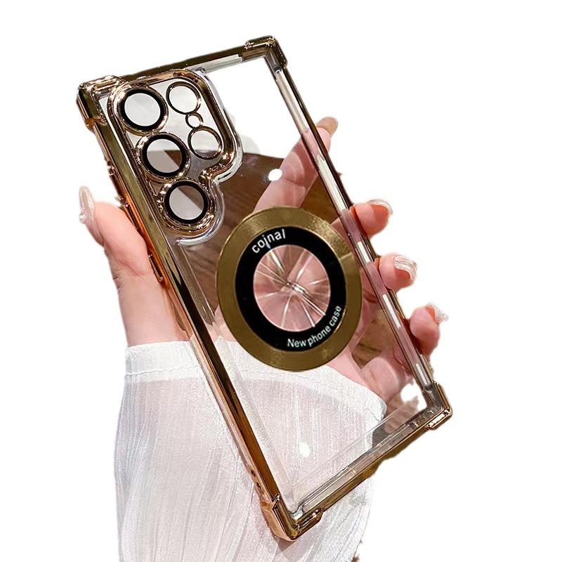Suitable for Samsung S24ultra Phone Case, Four-corner Airbag Drop Protection S23+ Electroplated Magnifying Glass Magnetic Attraction S22 Transparent