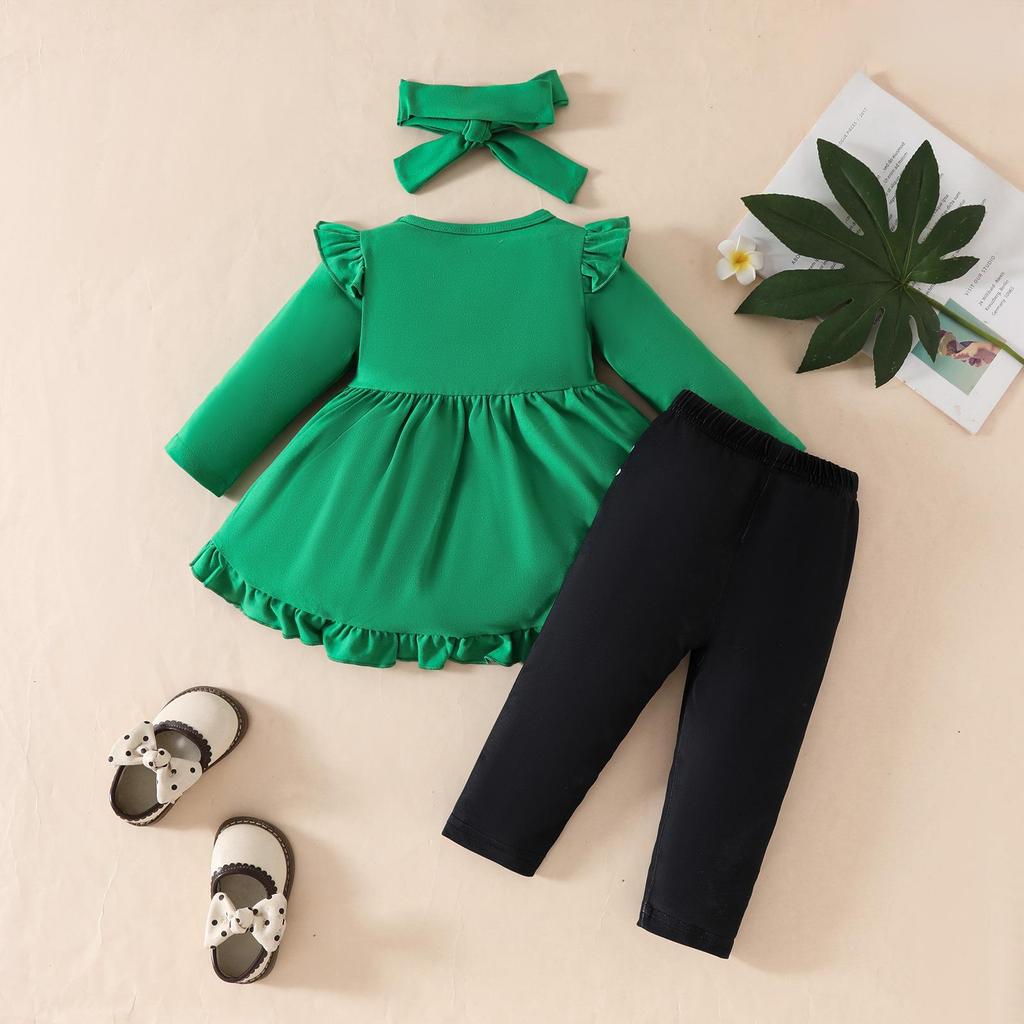 Toddler Girl St. Patrick's Day Green Dress Set with Printed Trousers & Shamrock Headband
