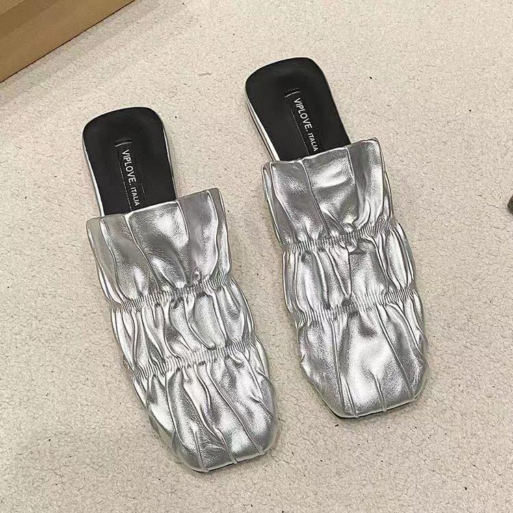 

[youshilai] French bag head half slippers summer wear new pleated muller shoes one pedal sandals 40