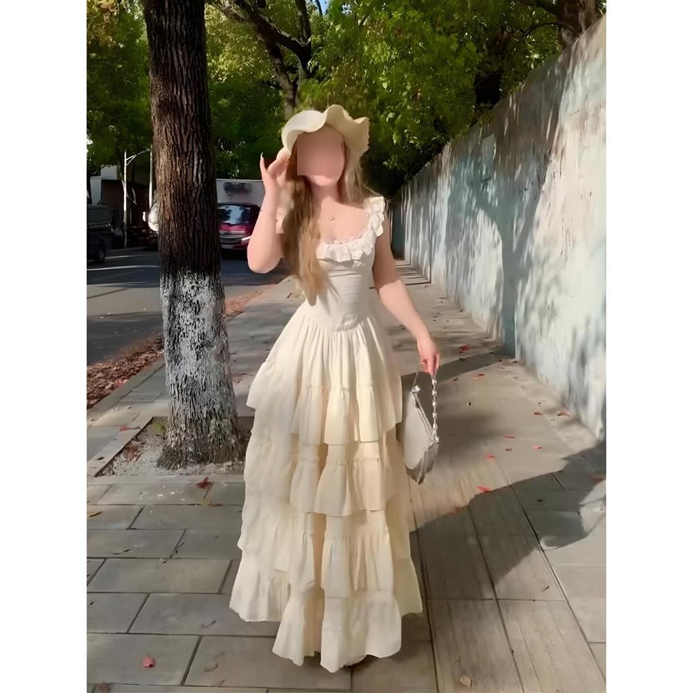 Xiaofei Sleeve Suspender Dress Women's Summer Seaside Vacation Birthday Princess Dress Fluffy Cake Long Skirt
