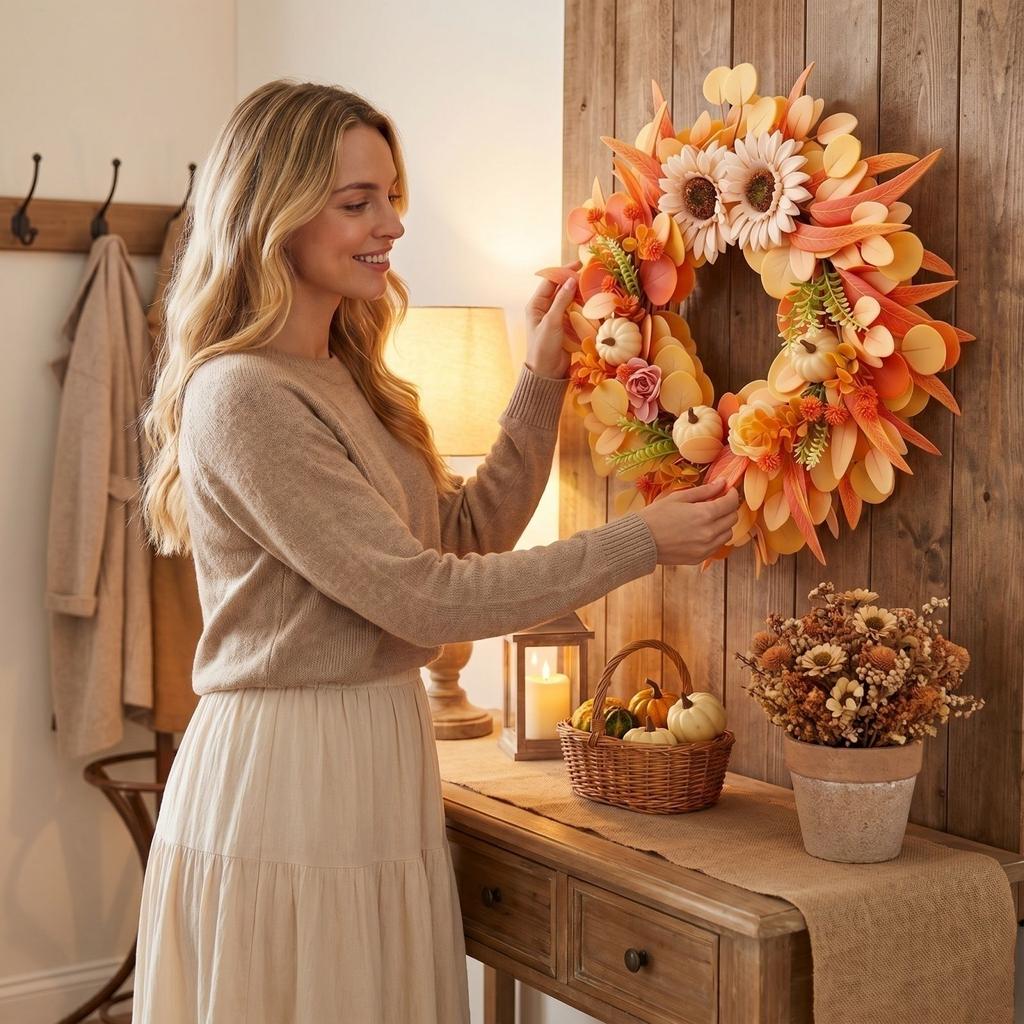 Autumn Harvest Wreath with White Pumpkins Sunflowers Maple Leaves Fall Door Decoration for Thanksgiving Seasonal Home Decor Indoor Outdoor Use