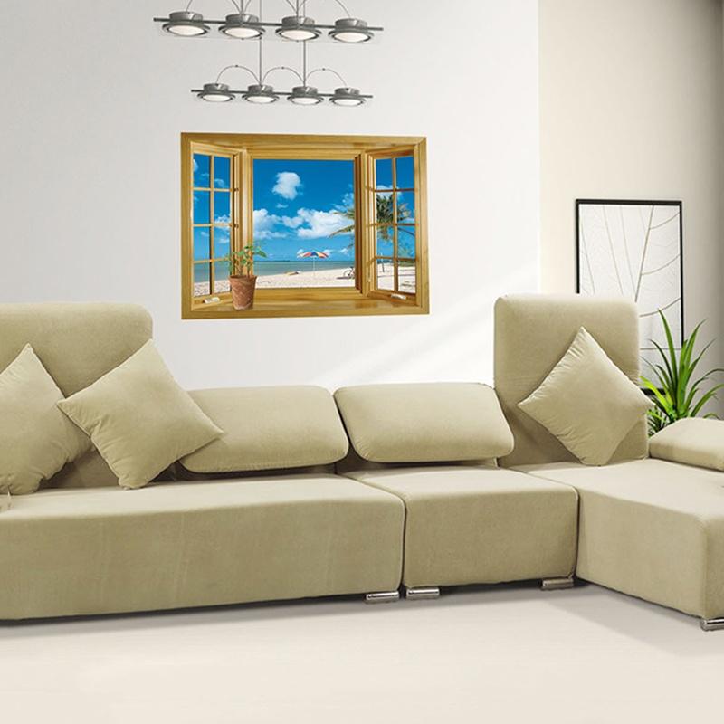 New Window 3D Print Beach View Sea Landscape Wall Stickers Art Mural Decal Wallpaper Living Room Decor