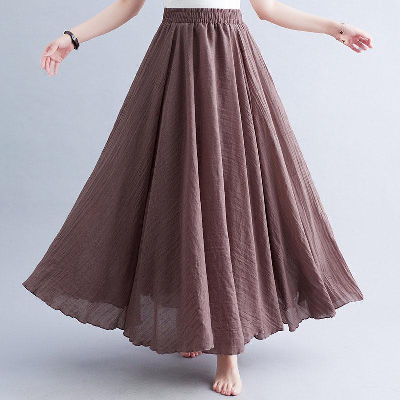 Literary Elastic Waist A-line Expansion Skirt Solid Color Ethnic Style Women Long Skirts