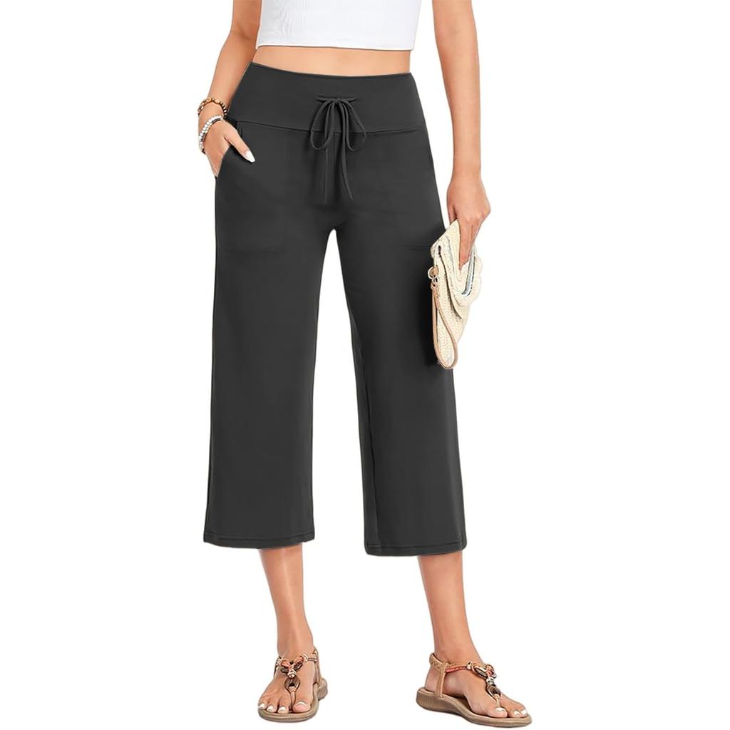 Women Summer Casual Drawstring Waist Wide Leg Cropped Pants with Pockets Lightweight Loose Fit Lounge Capri Trousers for Yoga and Everyday Wear