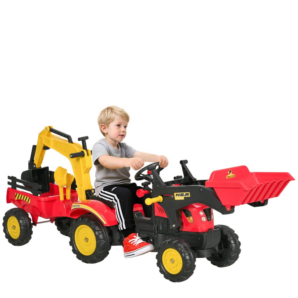 Pedal Tractor with Trailer, Front Loader, Adjustable Bucket, Tractor Pedal Vehicle for Children from 3 Years Red