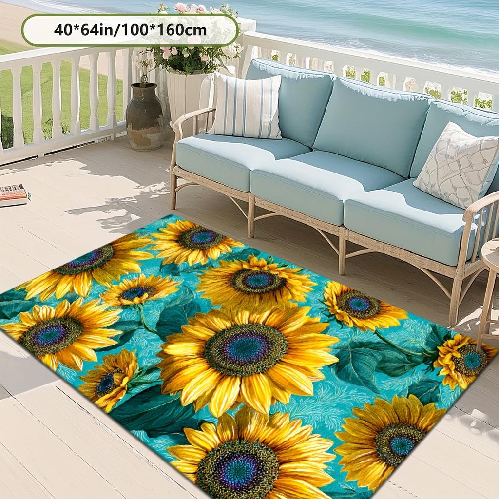 Sunflower Floral Printed Area Rug, Teal Background Decor Floor Mat, Soft Washable Rug for Living Room, Bedroom, Patio