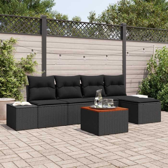 VidaXL Ensemble de Canapé de Jardin 6 Pièces avec Coussins Noir Poly Rattan Acacia 3356616